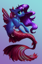 Size: 6000x9000 | Tagged: safe, artist:faline-art, princess luna, alicorn, hybrid, merpony, pony, seapony (g4), g4, blue mane, chest fluff, crepuscular rays, cute, digital art, dorsal fin, female, fin wings, fins, fish tail, flowing mane, flowing tail, gills, gradient background, green eyes, happy, horn, looking at you, mare, mermay, ocean, scales, seaponified, seapony luna, smiling, smiling at you, solo, species swap, swimming, tail, underwater, water, wings