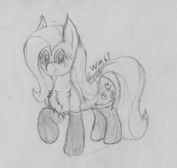 Size: 1903x1814 | Tagged: safe, artist:wapamario63, fluttershy, pegasus, pony, g4, chest fluff, clothes, cute, female, frilly socks, lineart, mare, monochrome, pencil drawing, socks, solo, traditional art