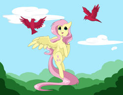 Size: 1300x1000 | Tagged: safe, artist:maravor, fluttershy, bird, pegasus, pony, g4, cloud, cute, female, flying, mare, open mouth, shyabetes, sky, solo, spread wings, wings