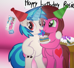 Size: 7200x6600 | Tagged: safe, artist:agkandphotomaker2000, dj pon-3, vinyl scratch, oc, oc:rose bloom, earth pony, pony, unicorn, g4, banner, bipedal, birthday, birthday cake, cake, candle, food, hat, header, levitation, magic, party hat, plate, selfie, show accurate, simple background, table, telekinesis