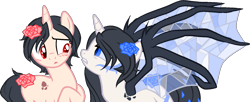 Size: 1708x696 | Tagged: safe, artist:skulifuck, oc, oc only, alicorn, original species, pony, unicorn, alicorn oc, base used, duo, female, flower, flower in hair, horn, mare, raised hoof, simple background, transparent background, unicorn oc, wings