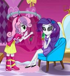 Size: 857x933 | Tagged: safe, artist:bleedingwings12, rarity, sweetie belle, equestria girls, g4, barrette, belt, blank expression, boots, carousel boutique, chair, clothes, curtains, dress, feet, female, headband, hypnosis, hypnotist, hypnotized, jacket, legs, mirror, pendulum swing, pocket watch, rug, sandals, shoes, siblings, sisters, sitting, skirt, smiling, sundress, swirly eyes