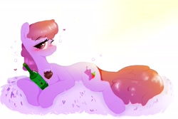 Size: 2522x1684 | Tagged: safe, artist:greatsunflow42, berry punch, berryshine, earth pony, pony, g4, alcohol, berrybetes, blushing, cute, drunk, drunk bubbles, female, glass, heart, looking at you, mare, prone, simple background, solo, white background, wine, wine glass