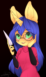 Size: 1160x1920 | Tagged: safe, artist:rinli, oc, oc only, oc:logical leap, unicorn, anthro, black background, clothes, female, glasses, hand on face, heart eyes, knife, mare, simple background, smiling, sweater, wingding eyes, yandere
