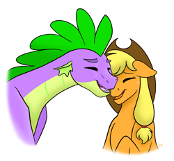 Size: 3346x3106 | Tagged: safe, artist:bella-pink-savage, applejack, spike, dragon, earth pony, pony, g4, bust, cute, eyes closed, female, floppy ears, high res, interspecies, male, mare, nuzzling, older, older spike, open mouth, portrait, ship:applespike, shipping, simple background, straight, white background