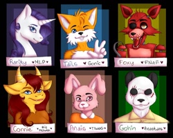 Size: 1080x864 | Tagged: safe, artist:prndelivery, rarity, bear, fox, panda, pony, rabbit, unicorn, anthro, g4, anais watterson, animal, animatronic, anthro with ponies, big mouth, bust, clothes, crossover, eye scar, eyepatch, female, five nights at freddy's, foxy, gloves, gohin (beastars), hook, male, mare, miles "tails" prower, milestone, one eye closed, open mouth, scar, sharp teeth, six fanarts, sonic the hedgehog (series), teeth, the amazing world of gumball, wink