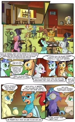 Size: 1280x2098 | Tagged: safe, artist:candyclumsy, earth pony, griffon, pegasus, pony, unicorn, comic:revolution of harmony, bar, clothes, comic, female, implied death, male, mare, playing card, sitting