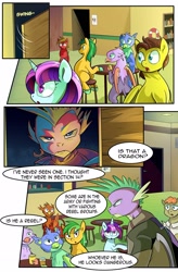 Size: 1280x1949 | Tagged: safe, artist:candyclumsy, spike, dragon, earth pony, griffon, pegasus, pony, unicorn, comic:revolution of harmony, g4, bar, clothes, comic, female, male, mare, sitting