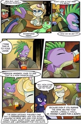 Size: 1280x1949 | Tagged: safe, artist:candyclumsy, spike, oc, dragon, earth pony, griffon, pegasus, pony, comic:revolution of harmony, g4, alcohol, bar, clothes, comic, female, male, mare