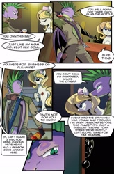 Size: 1280x1949 | Tagged: safe, artist:candyclumsy, spike, oc, dragon, earth pony, pony, comic:revolution of harmony, g4, bar, butt, clothes, comic, female, male, mare, plot