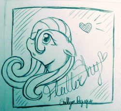 Size: 1560x1424 | Tagged: safe, artist:nekocleavergirl, fluttershy, pony, g4, bust, female, heart, mare, monochrome, solo, traditional art