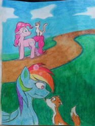 Size: 780x1040 | Tagged: safe, artist:nekocleavergirl, pinkie pie, rainbow dash, cat, earth pony, fox, pegasus, pony, g4, animal, female, licking, mare, tongue out, traditional art