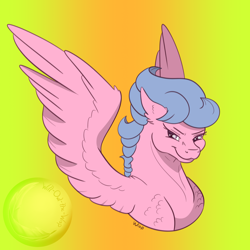 Size: 2000x2000 | Tagged: safe, artist:will-owl-the-wisp, firefly, pegasus, pony, g1, bust, female, high res, mare, portrait, signature, simple background, smiling, smirk, solo, spread wings, wings, yellow background