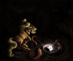 Size: 944x784 | Tagged: safe, artist:leszkaksawery, applejack, earth pony, pony, g4, body horror, dark, eldritch abomination, fight, gritted teeth, lantern, monster, night, signature, tentacles