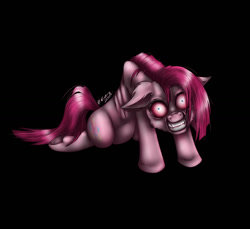 Size: 1171x1072 | Tagged: safe, artist:ronyardraws, pinkie pie, earth pony, pony, g4, black background, creepy, female, mare, nightmare fuel, pinkamena diane pie, scary, simple background, smiling, solo, speedpaint available