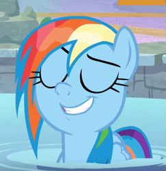 Size: 661x680 | Tagged: safe, screencap, rainbow dash, pony, deep tissue memories, spoiler:deep tissue memories, cropped, eyes closed, faic, female, smiling, solo, swimming pool, wet mane