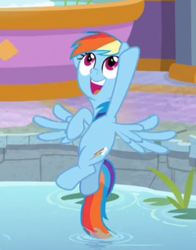 Size: 381x487 | Tagged: safe, screencap, rainbow dash, pony, deep tissue memories, spoiler:deep tissue memories, spoiler:mlp friendship is forever, animation error, cropped, cute, dashabetes, female, flying, open mouth, solo, spread wings, swimming pool, wings