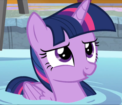 Size: 838x727 | Tagged: safe, screencap, twilight sparkle, alicorn, pony, deep tissue memories, g4, my little pony: friendship is forever, cropped, cute, female, folded wings, mare, smiling, solo, swimming pool, twiabetes, twilight duckle, twilight sparkle (alicorn), water, wings