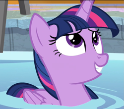 Size: 829x728 | Tagged: safe, screencap, twilight sparkle, alicorn, pony, deep tissue memories, g4, my little pony: friendship is forever, cropped, female, folded wings, looking up, mare, smiling, solo, swimming pool, twilight sparkle (alicorn), water, wings