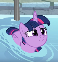 Size: 544x576 | Tagged: safe, screencap, twilight sparkle, alicorn, pony, deep tissue memories, g4, spoiler:deep tissue memories, spoiler:mlp friendship is forever, cropped, cute, female, folded wings, mare, smiling, solo, swimming pool, twiabetes, twilight duckle, twilight sparkle (alicorn), water, weapons-grade cute, wings