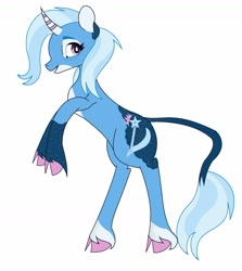 Size: 1280x1435 | Tagged: safe, artist:xaxtu, trixie, classical unicorn, pony, unicorn, g4, alternate design, cloven hooves, curved horn, ear freckles, freckles, horn, leg freckles, leonine tail, rearing, simple background, unshorn fetlocks, white background