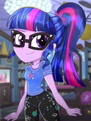 Size: 1536x2048 | Tagged: safe, artist:artmlpk, sci-twi, twilight sparkle, equestria girls, g4, adorable face, adorkable, beautiful, bedroom, clothes, cute, digital art, dork, female, glasses, leggings, looking at you, looking over shoulder, meganekko, ponytail, shirt, smiling, smiling at you, solo, twiabetes, watermark