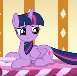 Size: 456x452 | Tagged: safe, screencap, twilight sparkle, alicorn, pony, deep tissue memories, g4, spoiler:deep tissue memories, cropped, cute, female, folded wings, mare, massage table, prone, sad, sadorable, solo, twilight sparkle (alicorn), wings