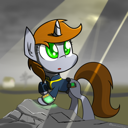 Size: 4000x4000 | Tagged: safe, artist:professionalpuppy, oc, oc only, oc:littlepip, pony, unicorn, fallout equestria, clothes, cloud, cloudy, crepuscular rays, fanfic, fanfic art, female, hooves, horn, jumpsuit, looking up, mare, overcast, pipbuck, raised hoof, solo, vault suit, wasteland