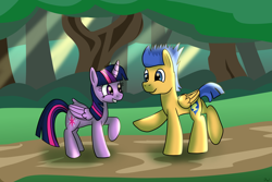 Size: 2048x1365 | Tagged: safe, artist:platinumdrop, flash sentry, twilight sparkle, alicorn, pegasus, pony, g4, female, folded wings, forest, happy, male, mare, raised hoof, request, ship:flashlight, shipping, smiling, stallion, straight, twilight sparkle (alicorn), wings