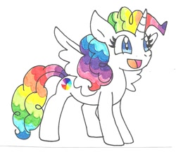 Size: 866x749 | Tagged: safe, artist:cmara, oc, oc only, oc:princess dimension, alicorn, pony, cute, female, mare, multicolored mane, ocbetes, rainbow hair, solo, traditional art, wings