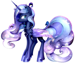 Size: 1280x1067 | Tagged: safe, artist:strangerdragos, princess luna, alicorn, pony, g4, bell, crown, ethereal mane, female, jewelry, leg fluff, mare, profile, regalia, simple background, solo, starry mane, transparent background, two toned wings, wings