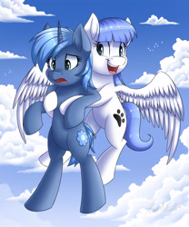 Size: 2500x3000 | Tagged: safe, artist:kaylerustone, oc, oc only, oc:double colon, oc:snow pup, bird, pegasus, pony, unicorn, acrophobia, carrying, cloud, commission, duo, female, flying, high res, mare, open mouth, scared, signature, sky
