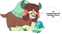 Size: 1750x956 | Tagged: safe, artist:andoanimalia, edit, sandbar, yona, pony, yak, g4, school raze, cute, duo, duo male and female, female, grin, implied kissing, larger female, looking at each other, looking at someone, male, sandabetes, ship:yonabar, shipping, shut up and kiss me, simple background, size difference, smaller male, smiling, speech bubble, straight, transparent background, vector, yonadorable