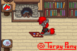 Size: 720x480 | Tagged: safe, artist:torpy-ponius, pinkie pie, oc, oc:cheif, oc:sacred sky heart, pony, pony town, g4, animated, apple, book, bookshelf, fireplace, floor, food, gif, pixel art, plant pot, pot, sneaking, transforming, yugioh card