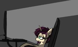 Size: 1453x872 | Tagged: safe, artist:pinkberry, oc, oc only, oc:mulberry merlot, pony, unicorn, bored, chair, colored sketch, dark, desk, drawpile, female, keyboard, lonely, mare, messy mane, monitor, office chair, sad, sketch, slouching, solo