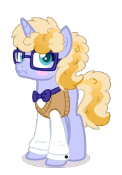 Size: 2800x4000 | Tagged: safe, artist:angei-bites, oc, oc only, pony, unicorn, bowtie, clothes, glasses, magical lesbian spawn, offspring, parent:frazzle rock, parent:lily lace, shirt, simple background, solo, sweater, transparent background
