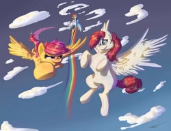 Size: 1200x923 | Tagged: artist needed, source needed, safe, rainbow dash, scootaloo, oc, pegasus, pony, g4, cloud, flying, scootaloo can fly, sky