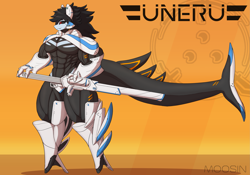 Size: 3143x2206 | Tagged: safe, artist:mopyr, oc, oc only, oc:erell, cyborg, original species, shark, shark pony, anthro, abs, black sclera, high res, muscles, pecs, science fiction, skintight clothes, solo, sword, weapon