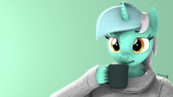 Size: 1920x1080 | Tagged: safe, artist:spinostud, lyra heartstrings, unicorn, anthro, g4, 3d, clothes, female, mug, solo, sweater