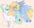 Size: 1100x933 | Tagged: safe, artist:higglytownhero, oc, oc only, oc:blue skies, oc:largesse, earth pony, pegasus, pony, eye clipping through hair, female, flying, lidded eyes, smiling, underhoof