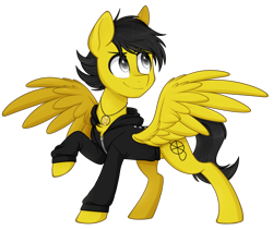 Size: 1100x930 | Tagged: safe, artist:higglytownhero, oc, oc only, oc:reik eight, pegasus, pony, clothes, hoodie, simple background, smiling, solo, spread wings, transparent background, wings