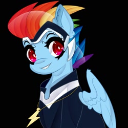 Size: 2000x2000 | Tagged: safe, artist:crystalnix2, rainbow dash, zapp, pony, g4, black background, bust, ear fluff, female, high res, power ponies, simple background, smiling, solo