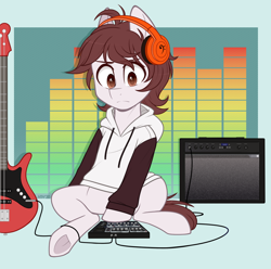 Size: 1100x1089 | Tagged: safe, artist:higglytownhero, oc, oc only, earth pony, pony, amplifier, bass guitar, clothes, eye clipping through hair, headphones, hoodie, musical instrument, solo, underhoof