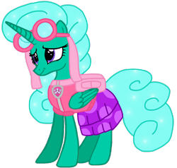 Size: 1132x1076 | Tagged: safe, alternate version, artist:徐詩珮, glitter drops, alicorn, pony, bubbleverse, series:sprglitemplight diary, series:sprglitemplight life jacket days, series:springshadowdrops diary, series:springshadowdrops life jacket days, g4, alicornified, alternate universe, background removed, backpack, base used, clothes, cute, ethereal mane, eyelashes, female, glittercorn, goggles, mare, next generation, older, older glitter drops, paw patrol, race swap, simple background, skye (paw patrol), smiling, solo, starry mane, transparent background
