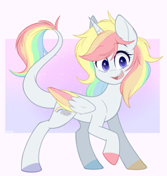 Size: 1047x1100 | Tagged: safe, artist:higglytownhero, oc, oc only, alicorn, pony, colored hooves, colored wings, colored wingtips, female, leonine tail, multicolored mane, rainbow hair, smiling, solo