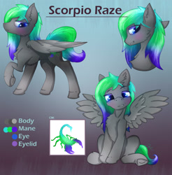 Size: 2956x3000 | Tagged: safe, artist:jesterpi, oc, oc:scorpio raze, pegasus, pony, abstract background, blushing, bust, cutie mark, front, high res, on side, reference sheet, sitting, smiling, tall, text