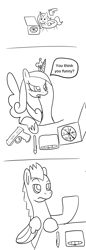 Size: 600x1750 | Tagged: safe, artist:platinumdrop, princess cadance, oc, oc:platinumdrop, g4, angry, cheese pizza, comic, doodle, drawing tablet, food, gun, monochrome, pizza, simple background, weapon