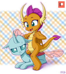 Size: 901x1000 | Tagged: safe, artist:uotapo, ocellus, smolder, changedling, changeling, dragon, g4, cute, diaocelles, dragoness, dragons riding changelings, duo, female, ocellus is not amused, open mouth, patreon, patreon logo, prone, riding, smolderbetes, sweat, sweatdrop, unamused, uotapo is trying to murder us, uotapo will kill us all