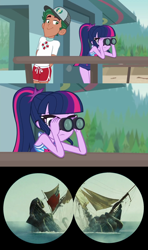 Size: 1280x2160 | Tagged: safe, edit, edited screencap, screencap, sci-twi, timber spruce, twilight sparkle, kraken, leviathan, equestria girls, g4, my little pony equestria girls: better together, unsolved selfie mysteries, binoculars, clothes, crossover, davy jones, dead man's chest, female, lifeguard timber, male, pirates of the caribbean, sadism, schadenfreude, sea monster, ship, swimsuit