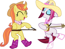 Size: 4186x3130 | Tagged: safe, artist:ironm17, cayenne, citrus blush, pony, unicorn, g4, ^^, banjo, bipedal, boots, country, dobro, eyes closed, female, hat, high res, mare, musical instrument, shoes, shoes only, simple background, transparent background, vector